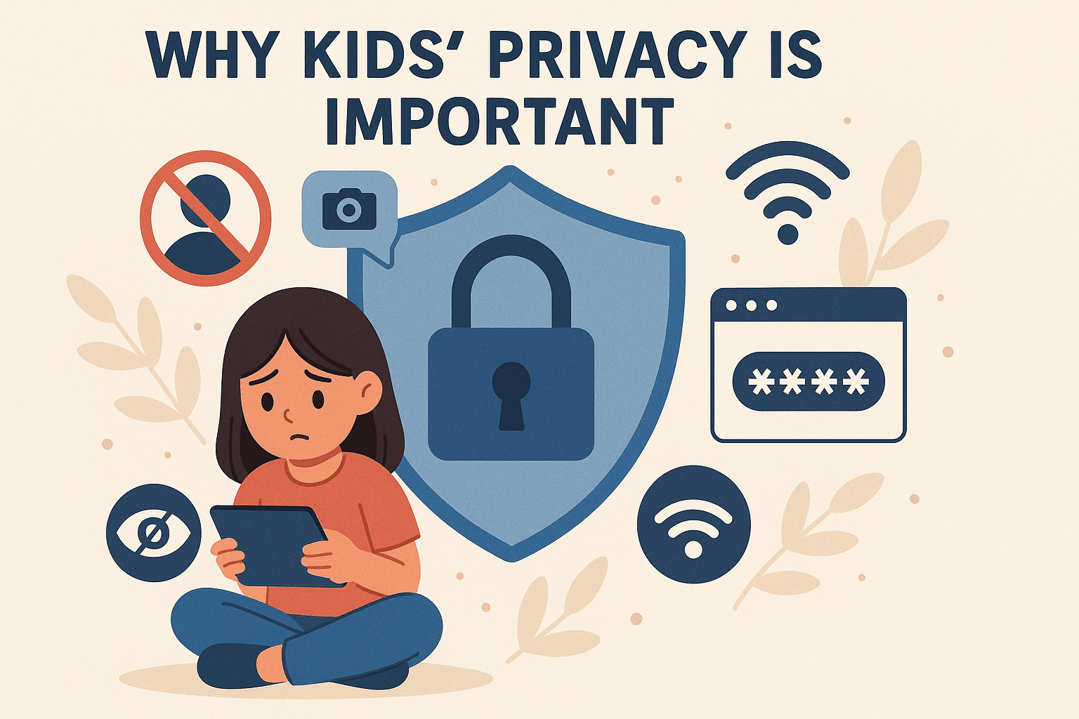 Illustration showing children safely using digital devices with privacy protection